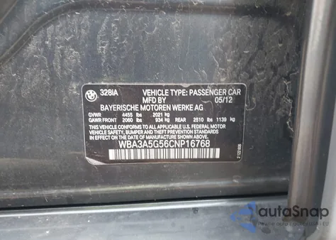 2012 BMW 328I I из США, поврежденный, VIN WBA3A5G56CNP16768